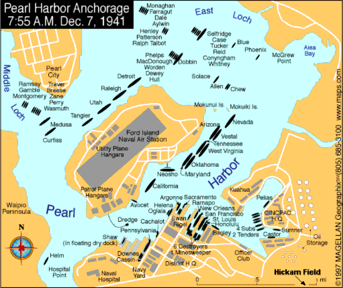 Pearl Harbor Anchorage 7:55 A.M. Dec. 7, 1941 map